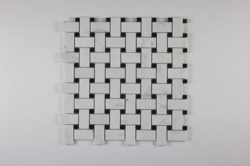 Carrara White - Basketweave Mosaic w/ Black Dots Polished 