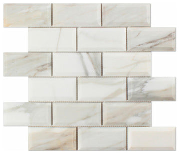Calacatta Gold Beveled Brick Mosaic Backsplash Wall Tile  2x4