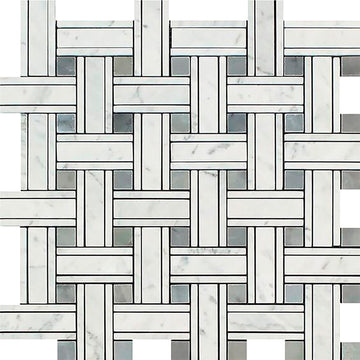 Carrara Italian Triple Weave w/Blue - Gray Mosaic Backsplash Wall Tile