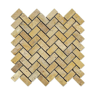 Gold Travertine Tumbled Herringbone Mosaic Tile 1x2