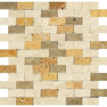 Mixed Travertine Split Faced Brick Wall Mosaic Tile 1x2