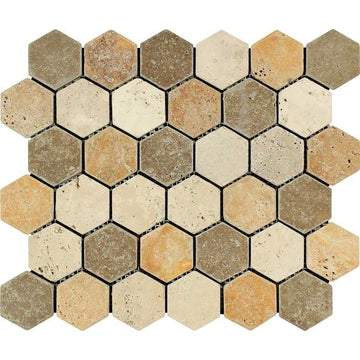 Mixed Travertine Tumbled Hexagon Mosaic Tile 2x2