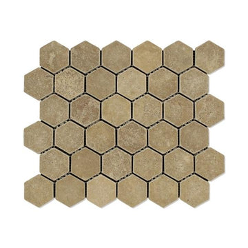 Noce Travertine Tumbled Hexagon Mosaic Tile 2x2