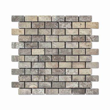 Silver Travertine Tumbled Brick Mosaic Tile 1x2