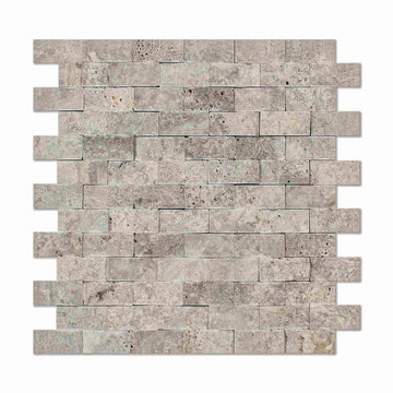 Silver Travertine Split Faced Brick Mosaic Tile 1x2