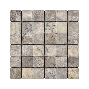 Silver Travertine Tumbled Square Mosaic Tile 2x2