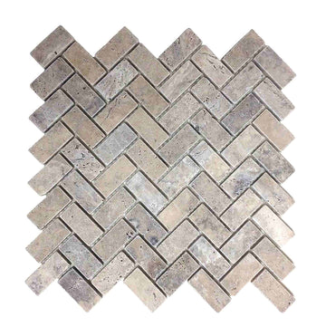 Silver Travertine Tumbled Herringbone Mosaic Tile 1x2