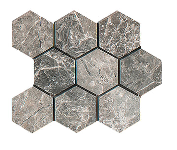 Tundra Gray Polished Marble Hexagon Mosaic Tile 4x4