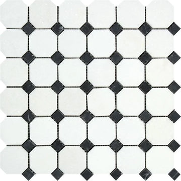 Mosaico de mármol blanco Thassos (griego) Patio octágono 3/8 con negro