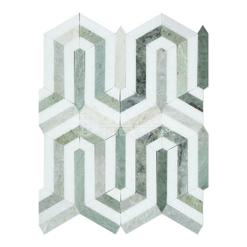 Thassos White (Greek) Marble Mosaic 3/8 Berlinetta Design (Thassos w/ Ming Green) Mosaic