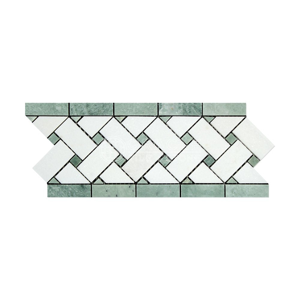 Thassos White (Greek) Marble Border 4 3/4" X 12" 3/8	Polished	Basketweave Border w/ Ming Green Dots