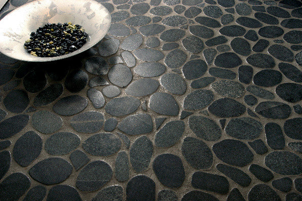 Black Flat Pebble Wall and Floor Mosaic Tile 12" x 12"