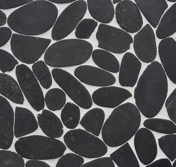 Black Polished Flat Designer Pebble Wall and Floor Mosaic Tile 12" x 12"
