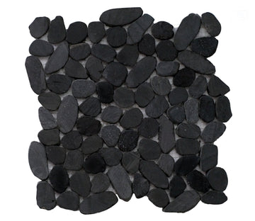 Black Tumbled Flat Pebble Wall and Floor Mosaic Tile 12" x 12"