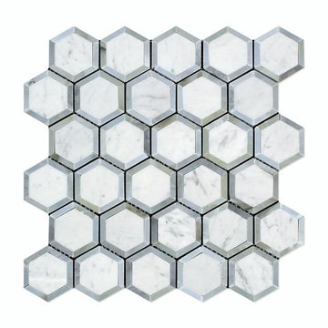 Carrara White 2" X 2" Vortex Hexagon (w/ Black) Mosaic Polished 