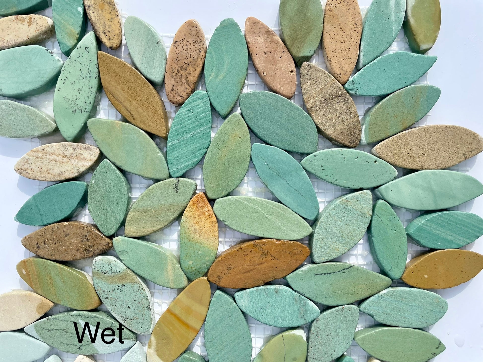 Green-Golden Flowershape Flat Pebble Mosaic 12" x 12" Designer