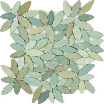 Mosaico de guijarros planos en forma de flor verde y dorado, diseñador de 12 