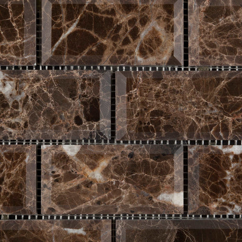 Emperador Dark Deep Beveled Brick Mosaic Wall and Floor Tile 2x4"