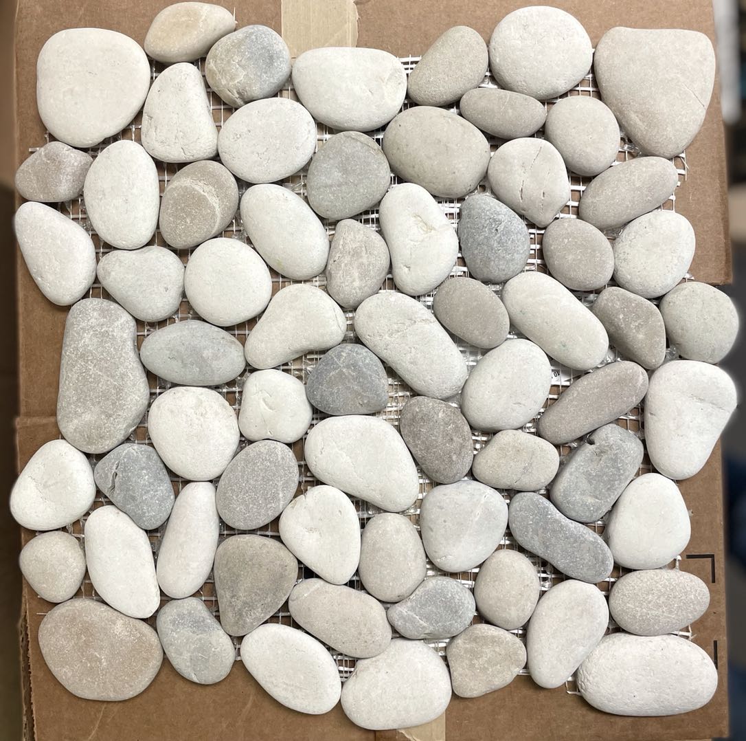 Natural Tan-White-Gray Leveled Pebble Mosaic 12" x 12"