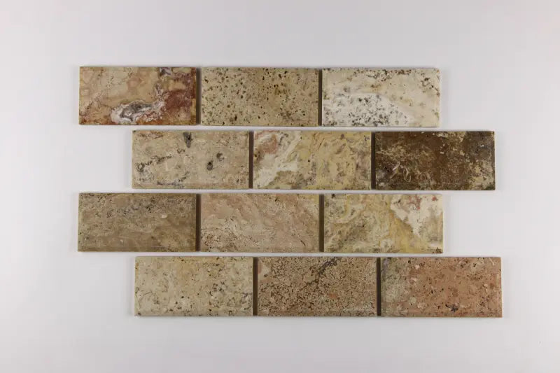 Scabos Travertine Honed Deep Beveled Brick Mosaic Tile 2x4"