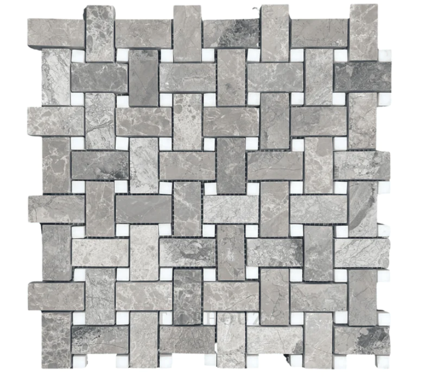 Atlantic Grey Basketweave with White Dots Mosaic Tile