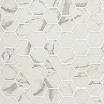 Azulejo de pared de mosaico hexagonal Statuario Celano de 2”x2”