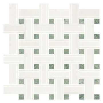Mosaico de mármol blanco (griego) Thassos 3/8 triple - Tejido con puntos verdes Ming 