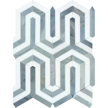 Thassos White (Greek) Marble Mosaic 3/8 Berlinetta Design (Thassos w/ Blue-Gray) Mosaic