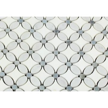 Mosaico de mármol blanco (griego) de Thassos 3/8 Flor de Florida (Thassos + Carrara blanca (ovalada) + Azul-gris (puntos)) Mosaico