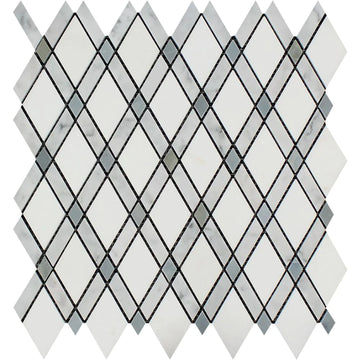 Mosaico de mármol blanco Thassos (griego) Mosaico de celosía 3/8 (Thassos + Blanco Carrara + Azul-Gris) 