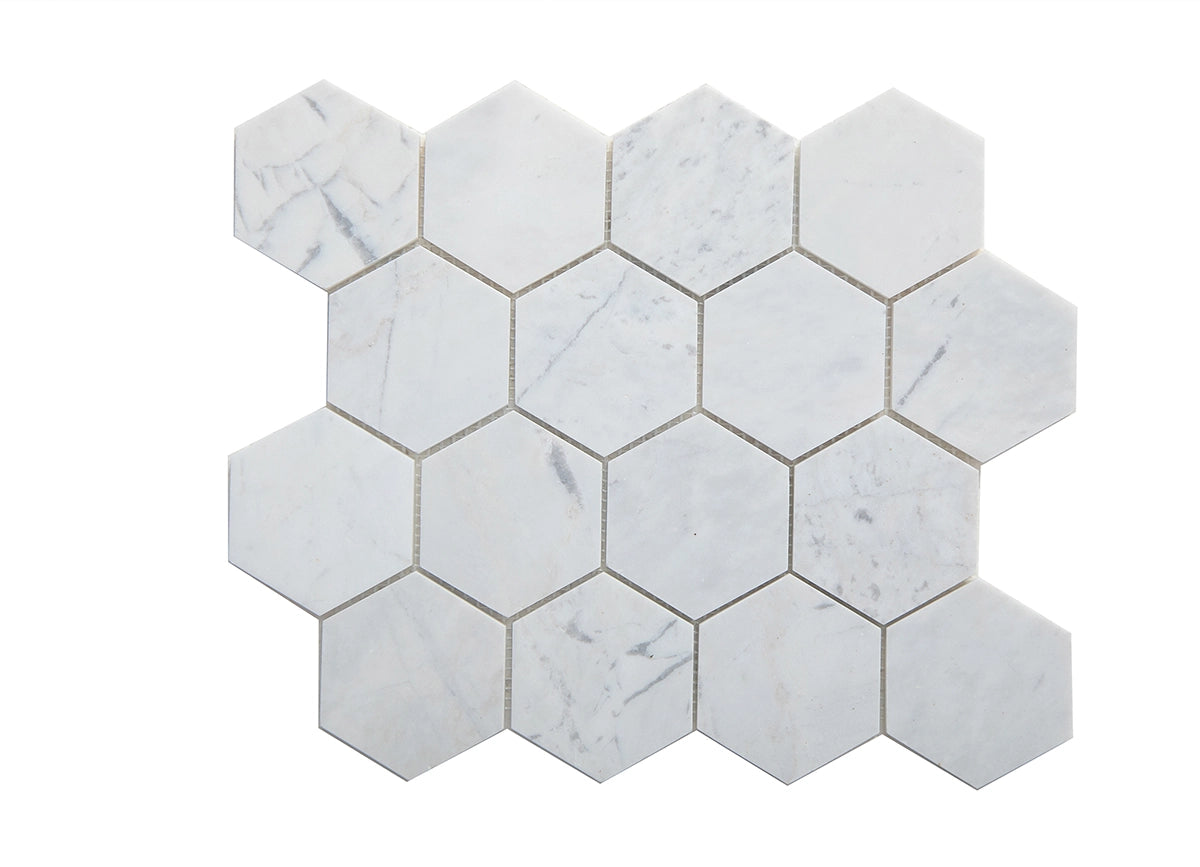 Volakas Honed Hexagon Marble Mosaic Tile 3”x3”