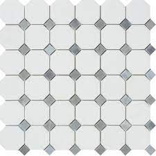 Thassos White (Greek) Marble Mosaic	 3/8	 Octagon Mosaic w/ Blue-Gray Dots
