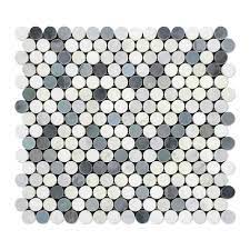 Thassos White (Greek) Marble Mosaic 3/8 Penny-Round Mosaic (Carrara + Thassos + Blue-Gray)