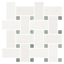 Thassos White (Greek) Marble Mosaic  3/8 Basketweave Mosaic w/ Ming Green Dots - LARGE