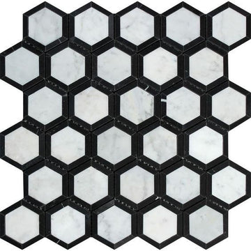Thassos White 2" X 2" Vortex Hexagon (w/ Black) Polished 