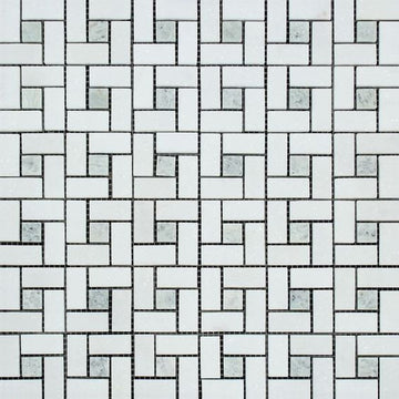Thassos White (Greek) Marble Mosaic  3/8 Pinwheel (Mini) Mosaic w/ Ming Green Dots