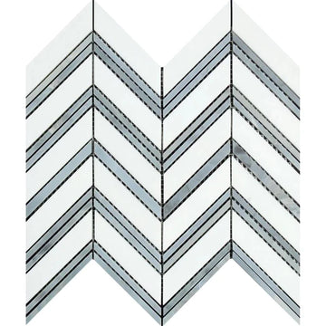 Thassos White (Greek) Marble Mosaic 3/8 Chevron - LARGE (Thassos + Blue-Gray (Thin Strips)) Mosaic