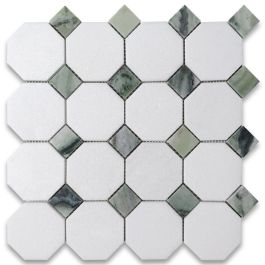 Thassos White (Greek) Marble Mosaic 3/8 Octagon Patio with Blue - Grey