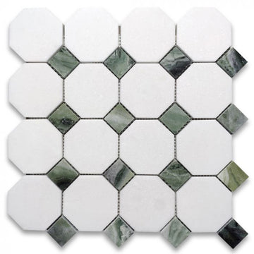 Mosaico de mármol blanco (griego) Thassos Mosaico octágono 3/8 con puntos verdes Ming