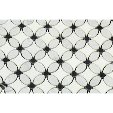 Mosaico de mármol blanco (griego) de Thassos 3/8 Flor de Florida (Thassos + Carrara blanca (ovalada) + mosaico negro (puntos)) 