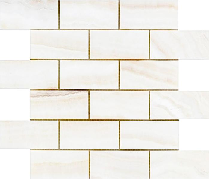 Bianco Onyx Polished Vein Cut Brick Mosaic Tile 2x4"