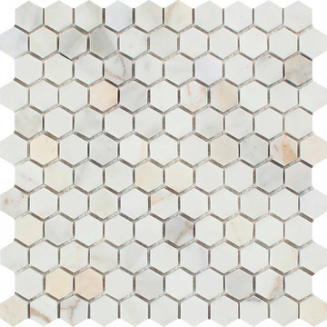 Azulejo de pared contra salpicaduras de mosaico hexagonal dorado Calacatta