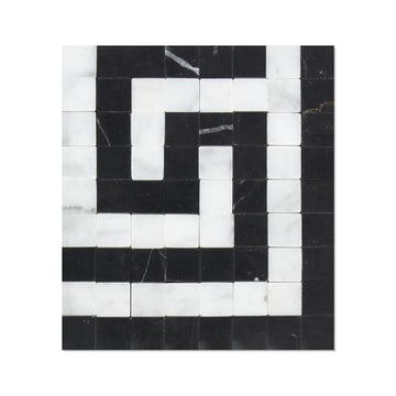 Carrara Italian White Greek Key with Black Corner Border Tile