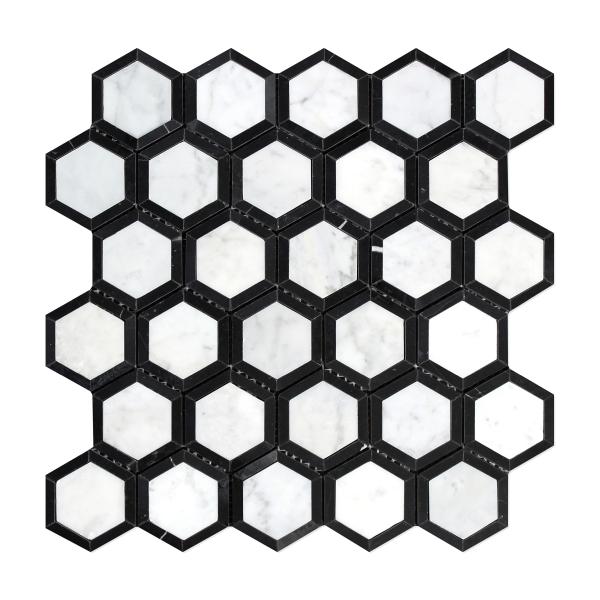 Carrara White 2" X 2" Vortex Hexagon (w/ Black) Mosaic Polished