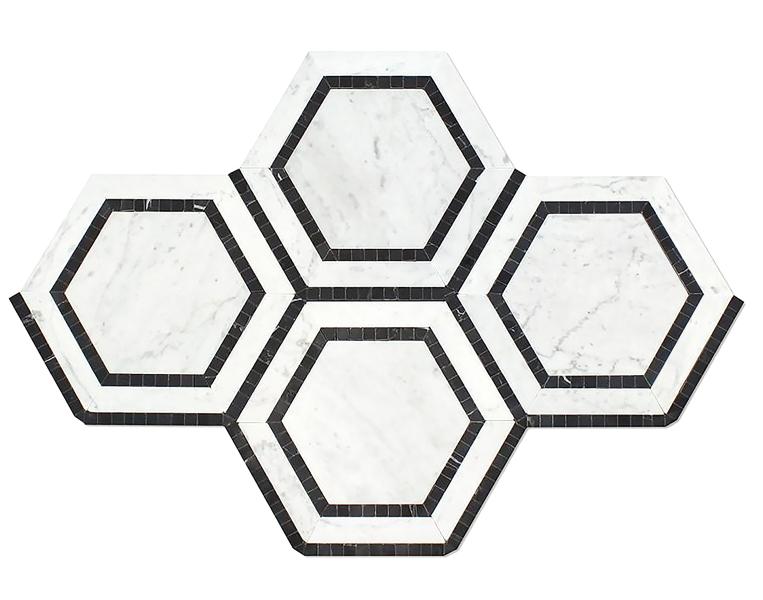 Carrara White 5" x 5" Hexagon Combination w/ Black Polished 