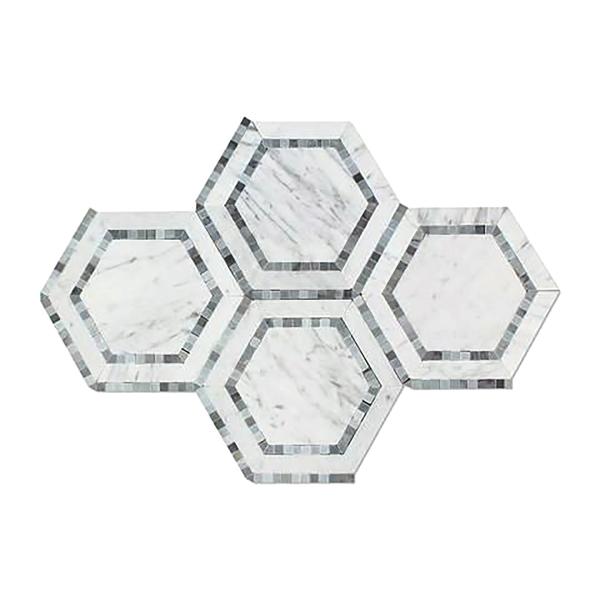 Carrara White 5" x 5" Hexagon Combination w/ Blue-Gray Polished