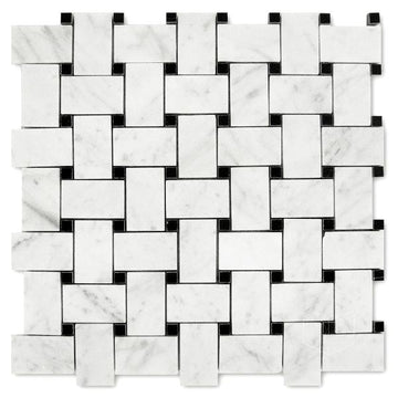 Carrara White - Basketweave Mosaic w/ Black Dots Polished