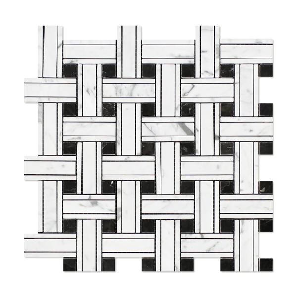 Carrara White - Triple-Weave (w/ Black) Mosaic Polished 