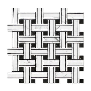 Carrara Italian White Triple Weave w/Black Mosaic Backsplash Wall Tile