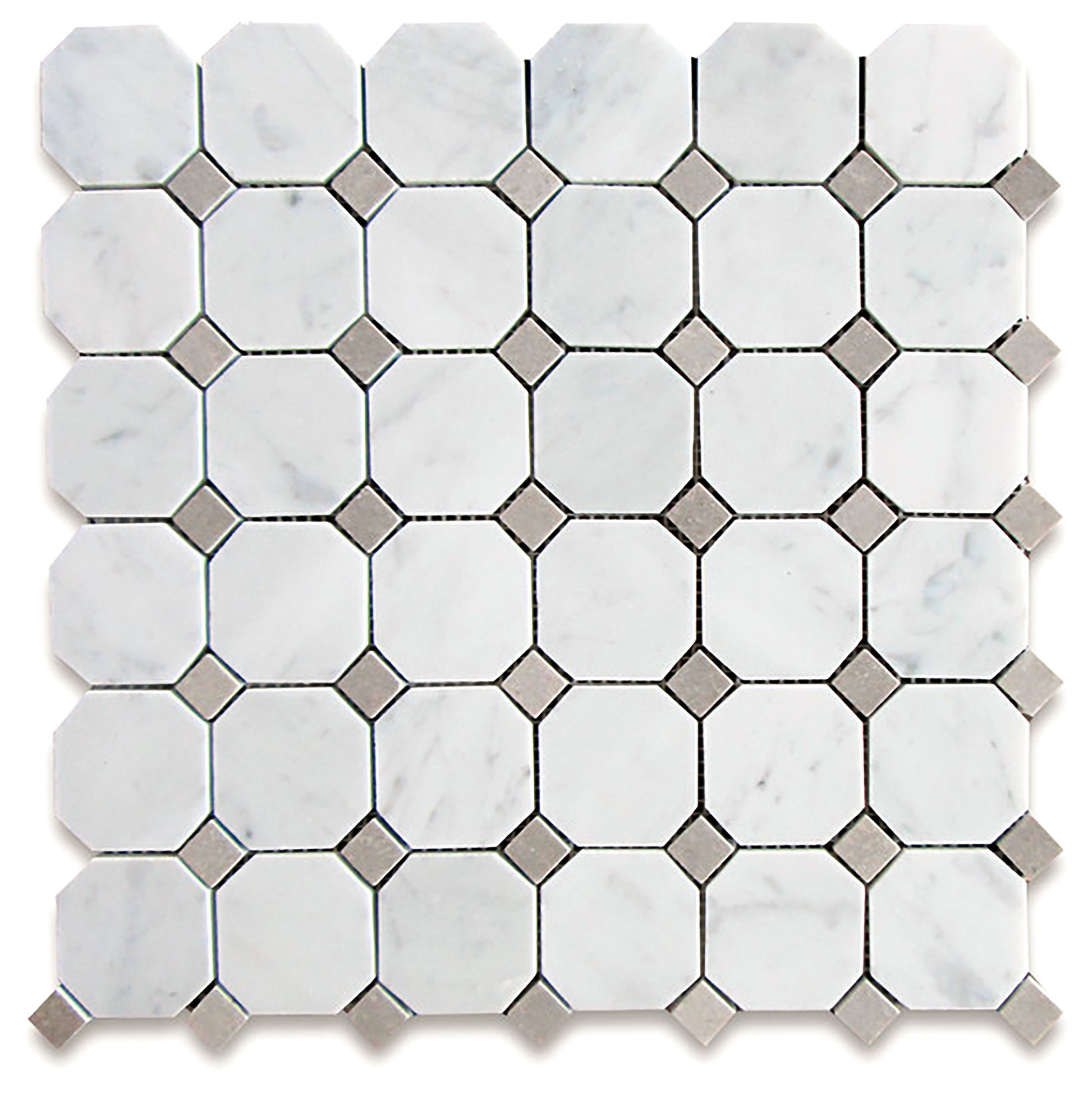 Carrara White Octagon Mosaic w/ Blue-Gray Dots Polished 